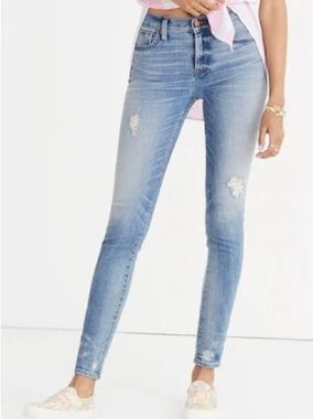 Madewell| ‘Rip & Repair’ Blue Mid-Rise Skinny Skinny Distressed Jeans Sz 25